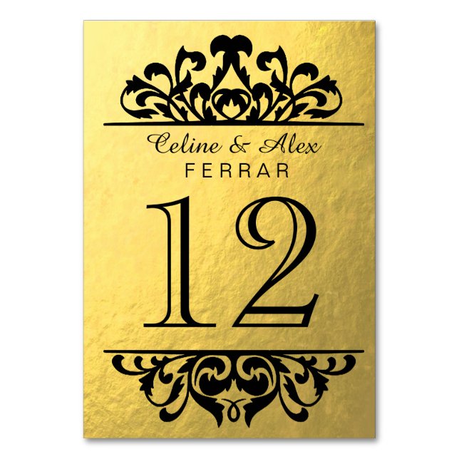 Glam Gold Foil Flourish Table Numbers | gold black (Front)