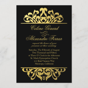 Glam Gold Foil Flourish Wedding   black gold Invitation