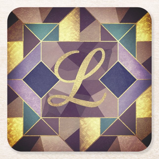 Glam Gold Geometric Shapes L Monogram Set Square Paper Coaster (Front)