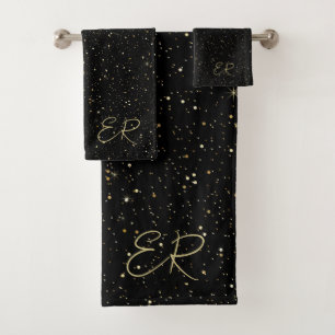 Glam gold glitter and sparkles on black image bath towel set