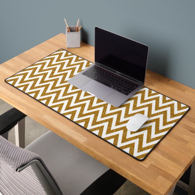 Glam gold glitter and white chevron stripes desk mat (Office 2)
