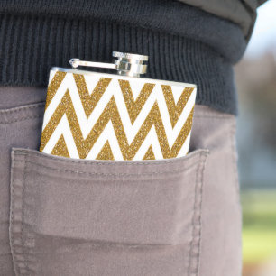 Glam gold glitter and white chevron stripes hip flask