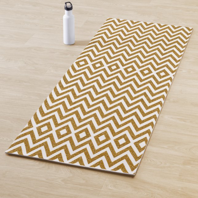 Glam gold glitter and white chevron stripes yoga mat (In Situ)