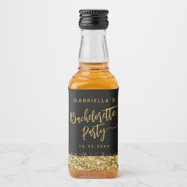 Glam Gold Glitter Bachelorette Party Bride Name Liquor Bottle Label (Front)