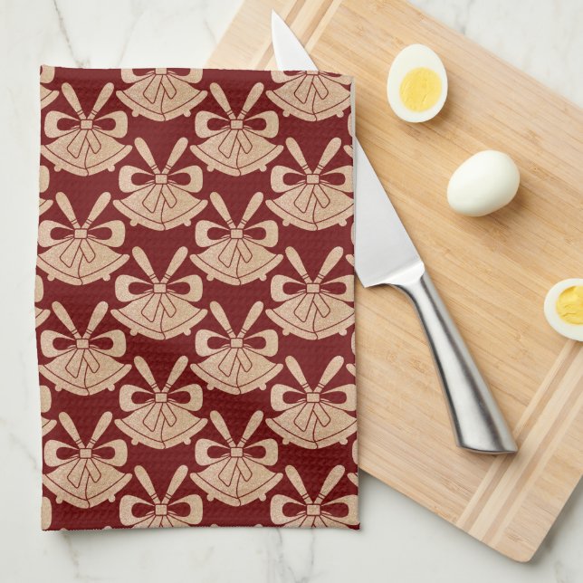 Glam Gold Glitter Bells on Red Christmas  Tea Towel (Quarter Fold)