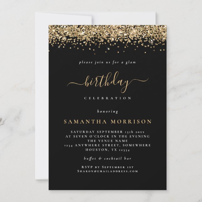 Glam Gold Glitter Black Any Age Birthday Invitation (Front)