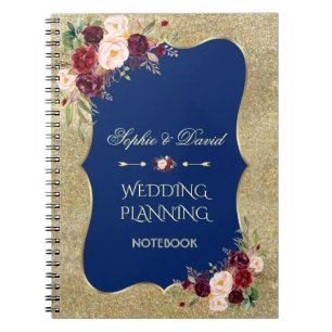 Glam Gold Glitter Blush Floral Wedding Planner Notebook