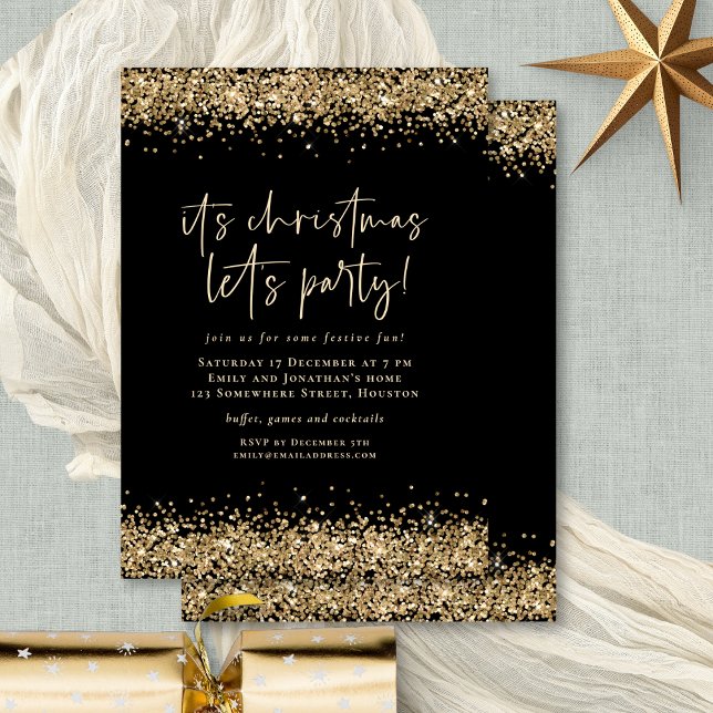 Glam Gold Glitter Christmas Lets Party Black Invitation (Front and back view)