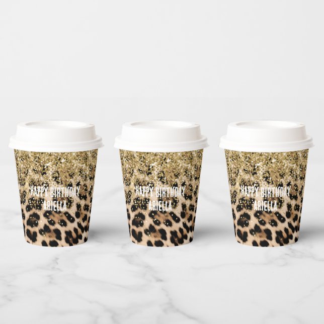 Glam Gold Glitter Cream Leopard Print Paper Cups (Multi)