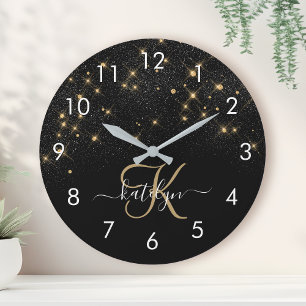 Glam Gold Glitter Diamond Sparkle Elegant Monogram Round Clock