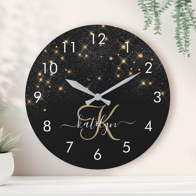 Glam Gold Glitter Diamond Sparkle Elegant Monogram Round Clock (Creator Uploaded)
