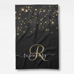 Glam Gold Glitter Diamond Sparkle Elegant Monogram Tea Towel