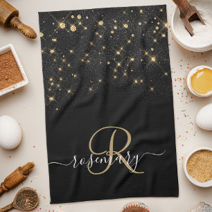 Glam Gold Glitter Diamond Sparkle Elegant Monogram Tea Towel