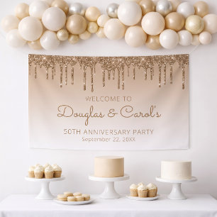 Glam Gold Glitter Drip 50th Anniversary Party Banner