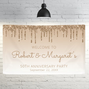 Glam Gold Glitter Drip 50th Anniversary Party Banner