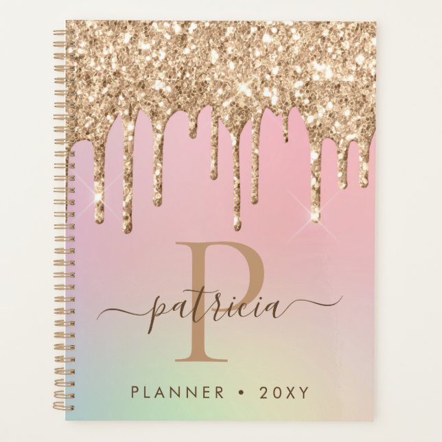 Glam Gold Glitter Drips Elegant Monogram Planner (Front)