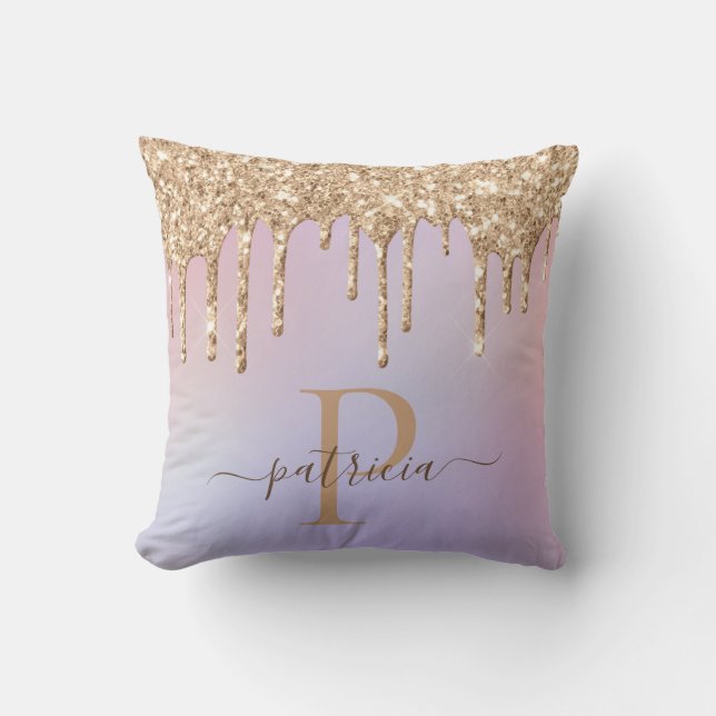 Glam Gold Glitter Drips Elegant Monogram  Throw Pi Cushion (Front)