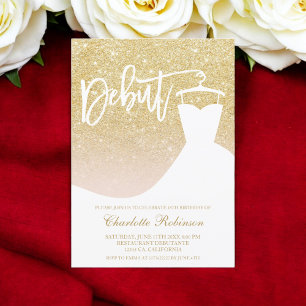 Glam gold glitter elegant chic dress 18th Debut Invitation
