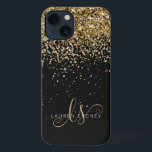 Glam Gold Glitter Elegant Monogram iPhone 13 Case<br><div class="desc">Glam Gold Glitter Elegant Monogram iPhone Case. Easily personalise this trendy chic phone case design featuring elegant gold sparkling glitter on a black background. The design features your handwritten script monogram with pretty swirls and name.</div>