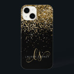 Glam Gold Glitter Elegant Monogram iPhone 14 Case<br><div class="desc">Glam Gold Glitter Elegant Monogram iPhone Case. Easily personalise this trendy chic phone case design featuring elegant gold sparkling glitter on a black background. The design features your handwritten script monogram with pretty swirls and name.</div>