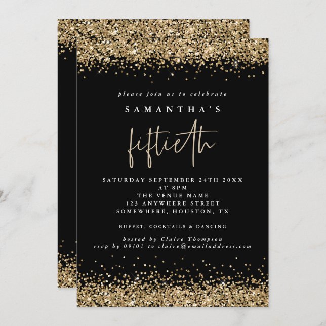 Glam Gold Glitter Fiftieth Party Black Invitation (Front/Back)