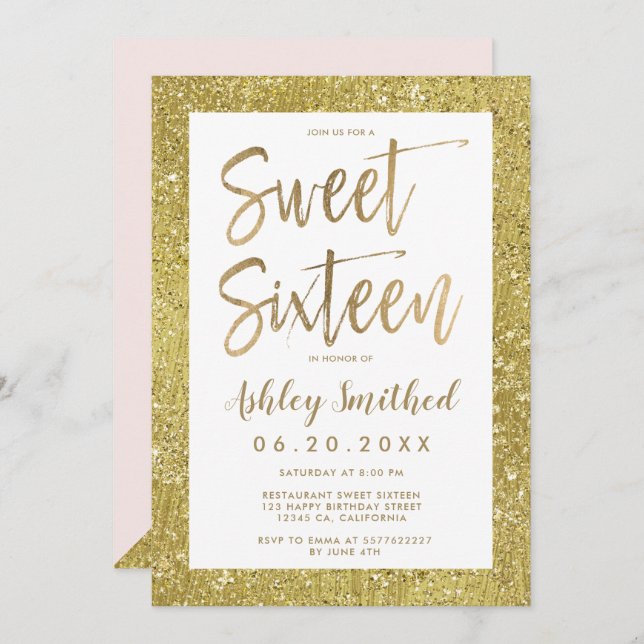 Glam gold glitter foil blush pink sweet sixteen invitation (Front/Back)