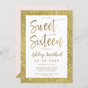 Glam gold glitter foil blush pink sweet sixteen invitation