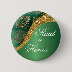 Glam Gold Glitter Green Metallic Maid of Honour 6 Cm Round Badge