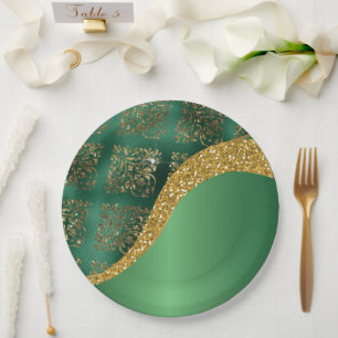 Glam Gold Glitter Green Metallic Wedding Paper Plate