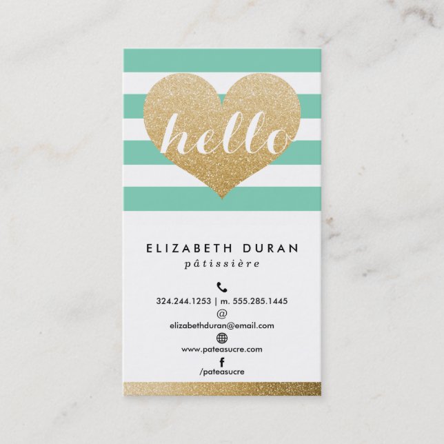 Glam Gold Glitter Hello Heart Mint Stripes Custom Business Card (Front)