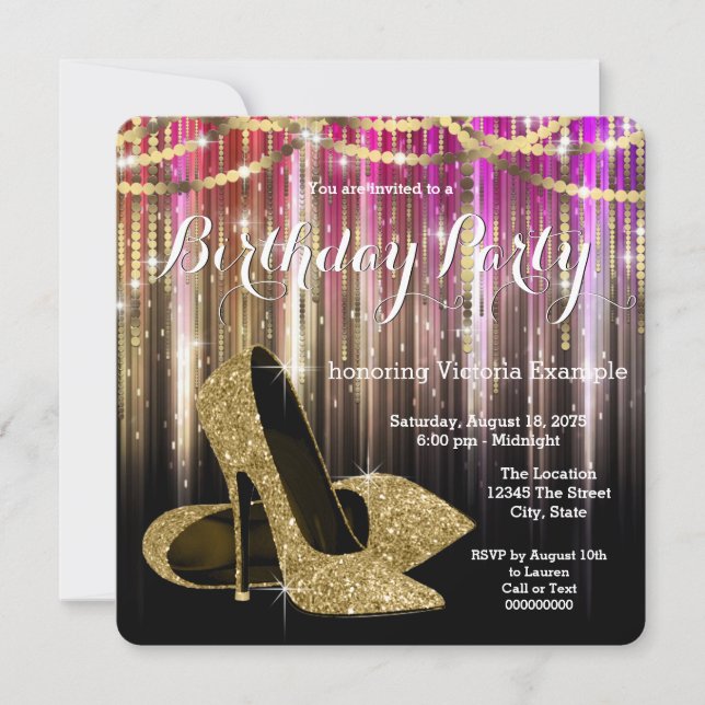 Glam Gold Glitter High Heel Shoe Birthday Party Invitation (Front)