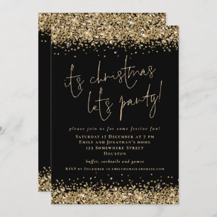Glam Gold Glitter Its Christmas Lets Party Black Invitation