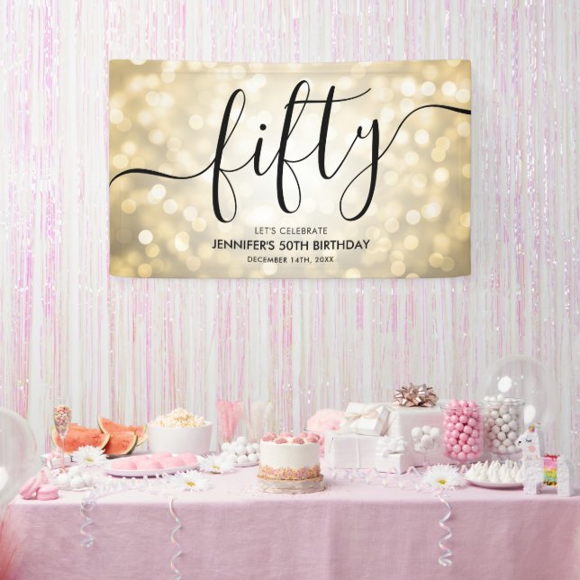Glam Gold Glitter Lights 50th Birthday  Banner (Party)