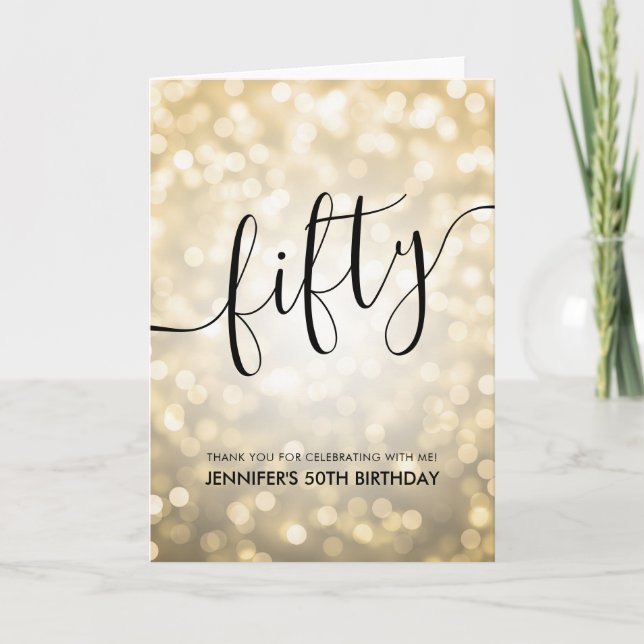 Glam Gold Glitter Lights 50th Birthday Thank You (Front)