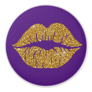 Glam Gold Glitter Lips Trendy Sparkle Purple  Ceramic Knob