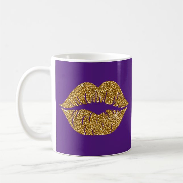 Glam Gold Glitter Lips Trendy Sparkle Purple  Coffee Mug (Left)