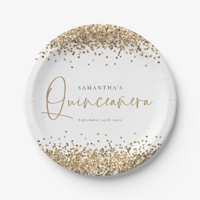 Glam Gold Glitter Name Date Quinceañera 15th Party Paper Plate (Front)