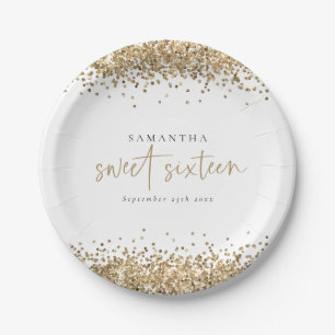 Glam Gold Glitter Name Date Sweet Sixteen Paper Plate