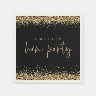 Glam Gold Glitter Name Hen Party Black Napkin
