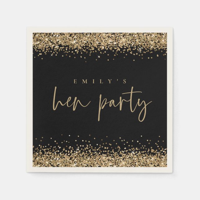 Glam Gold Glitter Name Hen Party Black Napkin (Front)