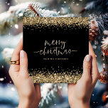 Glam Gold Glitter Name Merry Christmas Black Holiday Card<br><div class="desc">Glam Gold Glitter Name Script Merry Christmas Black. Classy gold and black for your festive greetings with faux glitter bordering the top and bottom edges on the front and in a set handwriting style script for Merry Christmas. Easily personalise your name.</div>