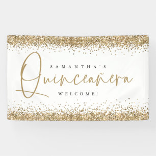 Glam Gold Glitter Name Welcome Quinceañera Banner