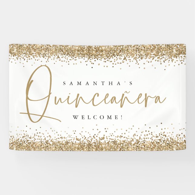 Glam Gold Glitter Name Welcome Quinceañera Banner (Horizontal)