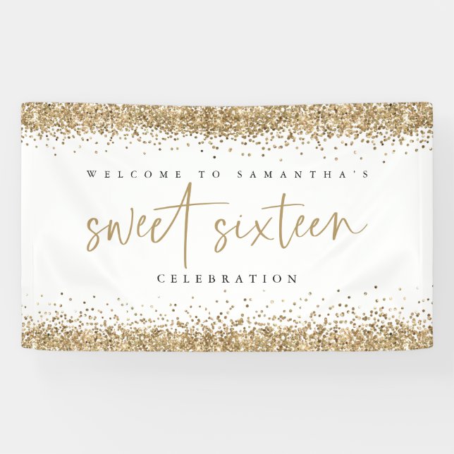 Glam Gold Glitter Name Welcome Sweet Sixteen Banner (Horizontal)