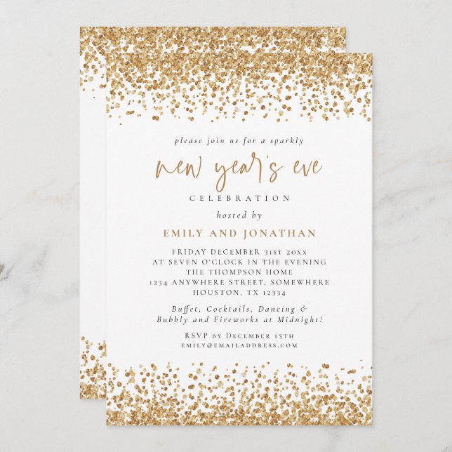 Glam Gold Glitter New Years Eve White Invitation (Front/Back)