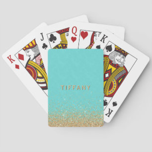 Glam Gold Glitter Ombre Blue Damask Custom Playing Cards