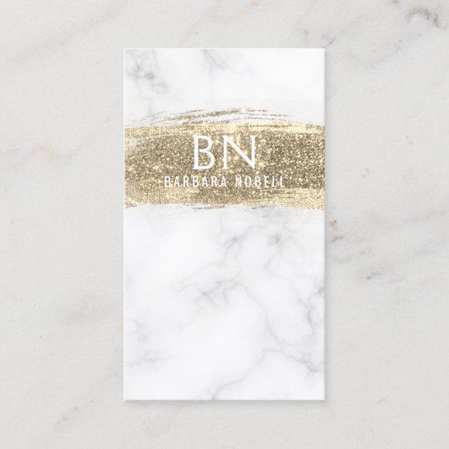 Glam Gold Glitter Paint White Marble Monogram Business Card (Front)