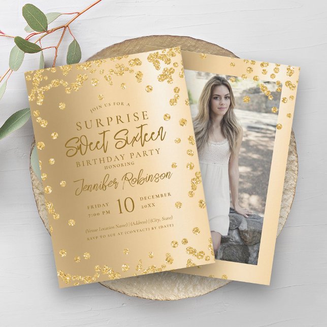 Glam Gold Glitter Photo SURPRISE Sweet 16   Invitation (Glam Gold Glitter Photo SURPRISE Sweet 16 Invitation)
