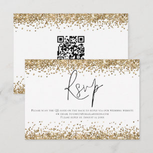 Glam Gold Glitter QR Code Script Wedding RSVP Card
