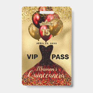 Glam Gold Glitter Red Dress Quinceanera VIP Badge ID Badge